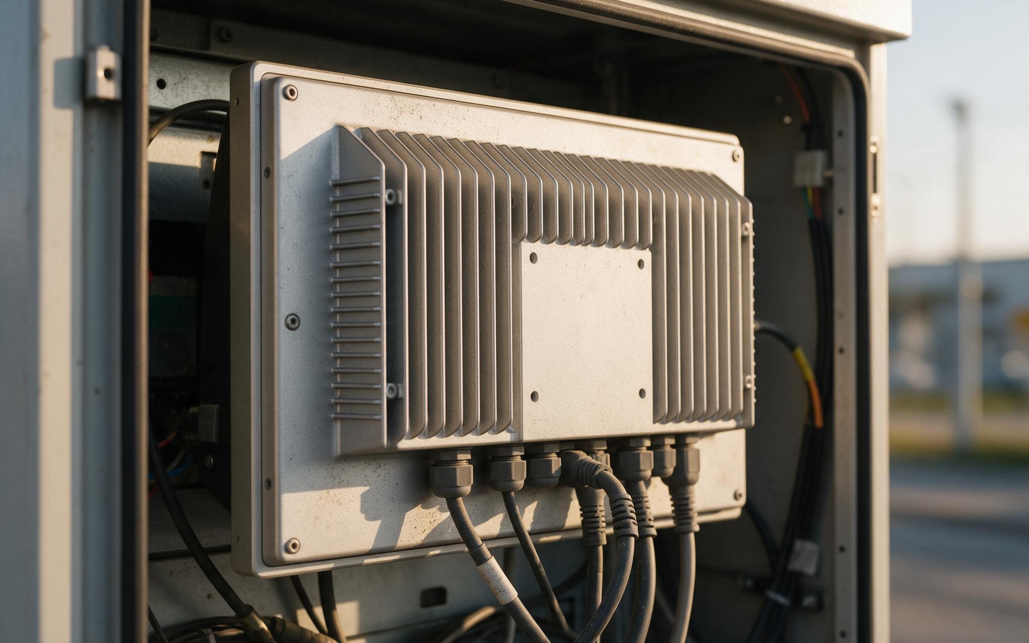Rear heat sink fins of a fanless industrial monitor inside a sunlit terminal cabinet during night duty derating