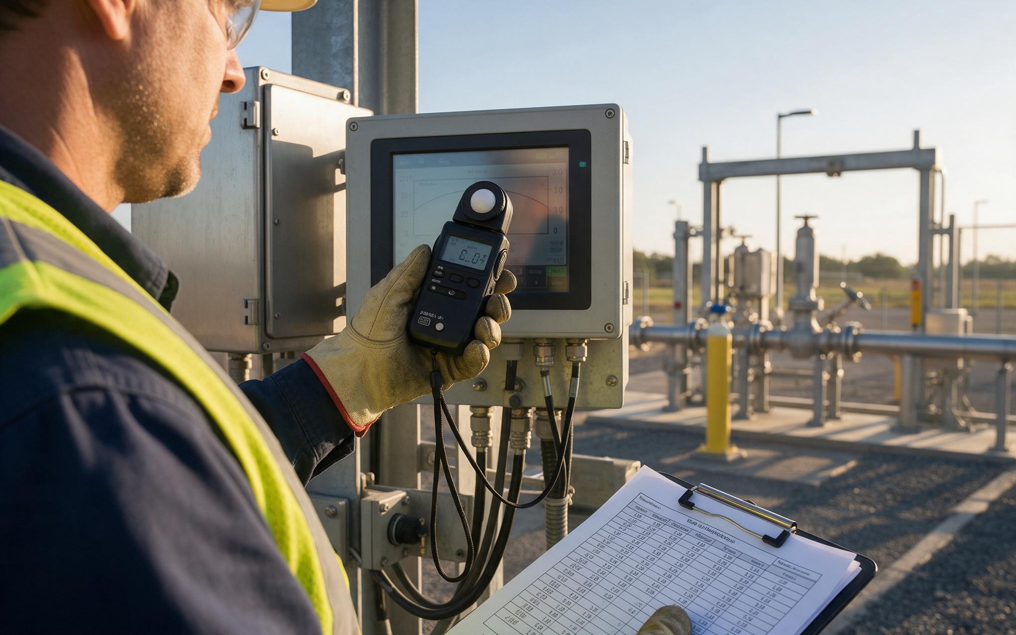 Technician logging backlight current on an industrial monitor at a gate station during a three level commissioning check