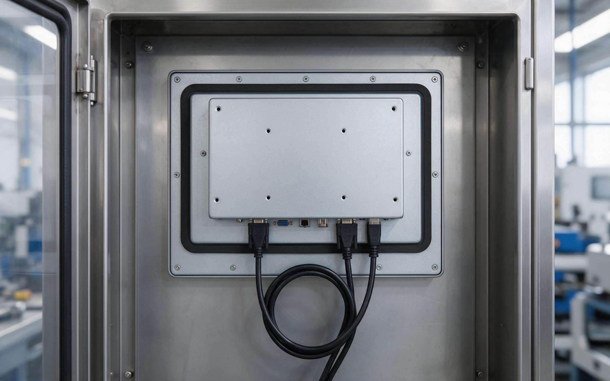 Downward Facing Connectors and Drip Loop Rear connectors pointing downward with a drip loop on a wall mounted panel PC IP65 enclosure
