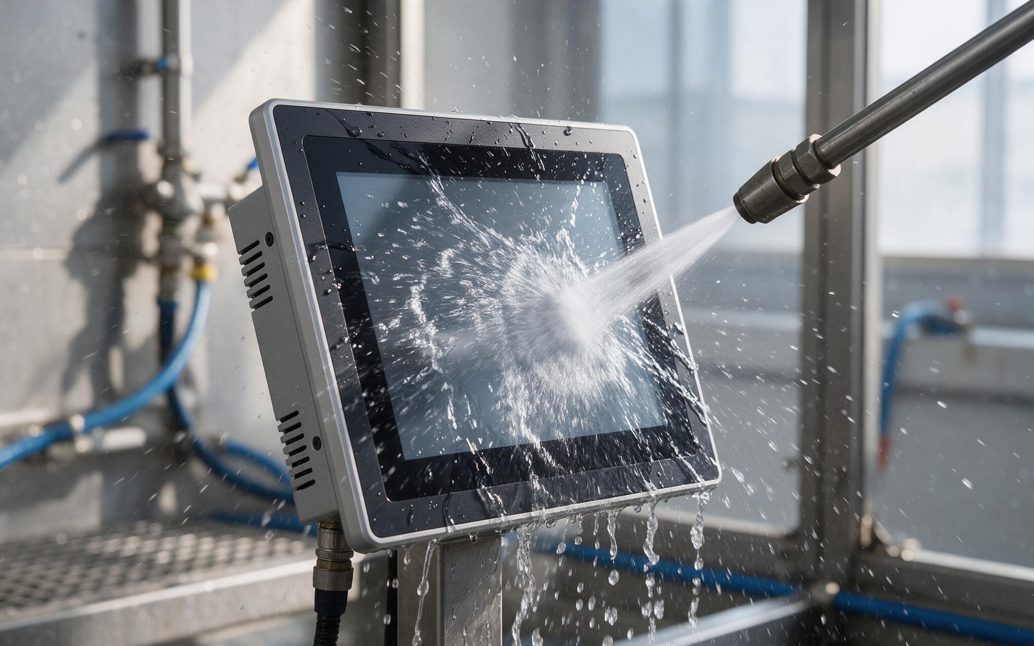 Jet Test Applied at the Standard Angles Hose spray test striking the front glass of an industrial panel PC IP65 from an angled nozzle