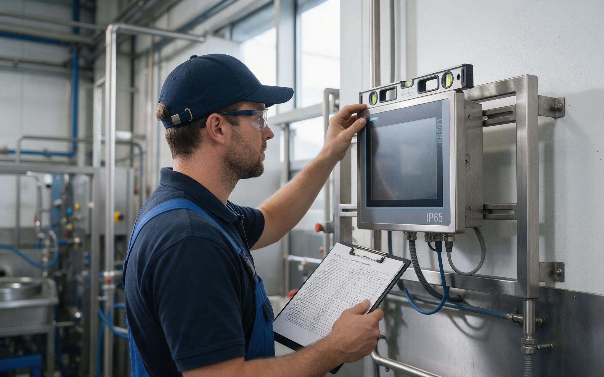 Tilt Reading Checked Before Handover Technician checking mounting tilt beside a panel PC IP65 on a stainless washdown frame