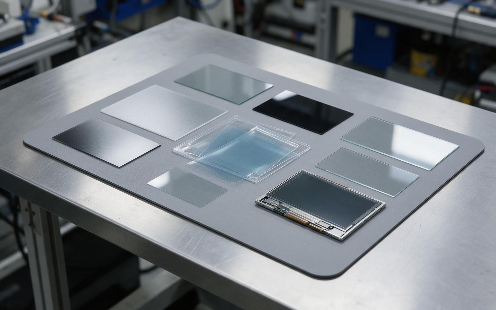 Surface Finish Samples on the Bench Cover glass and polarizer film samples for an industrial display screen laid out on an engineering bench