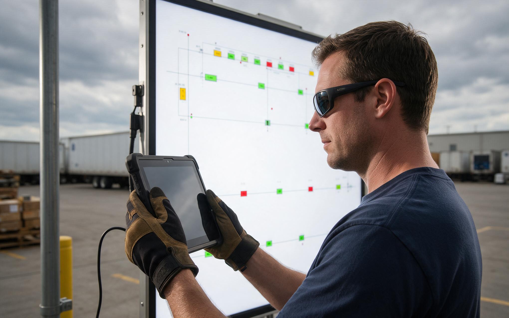 Eyewear Check Before Installation Technician wearing polarized sunglasses checking an outdoor industrial display screen before installation