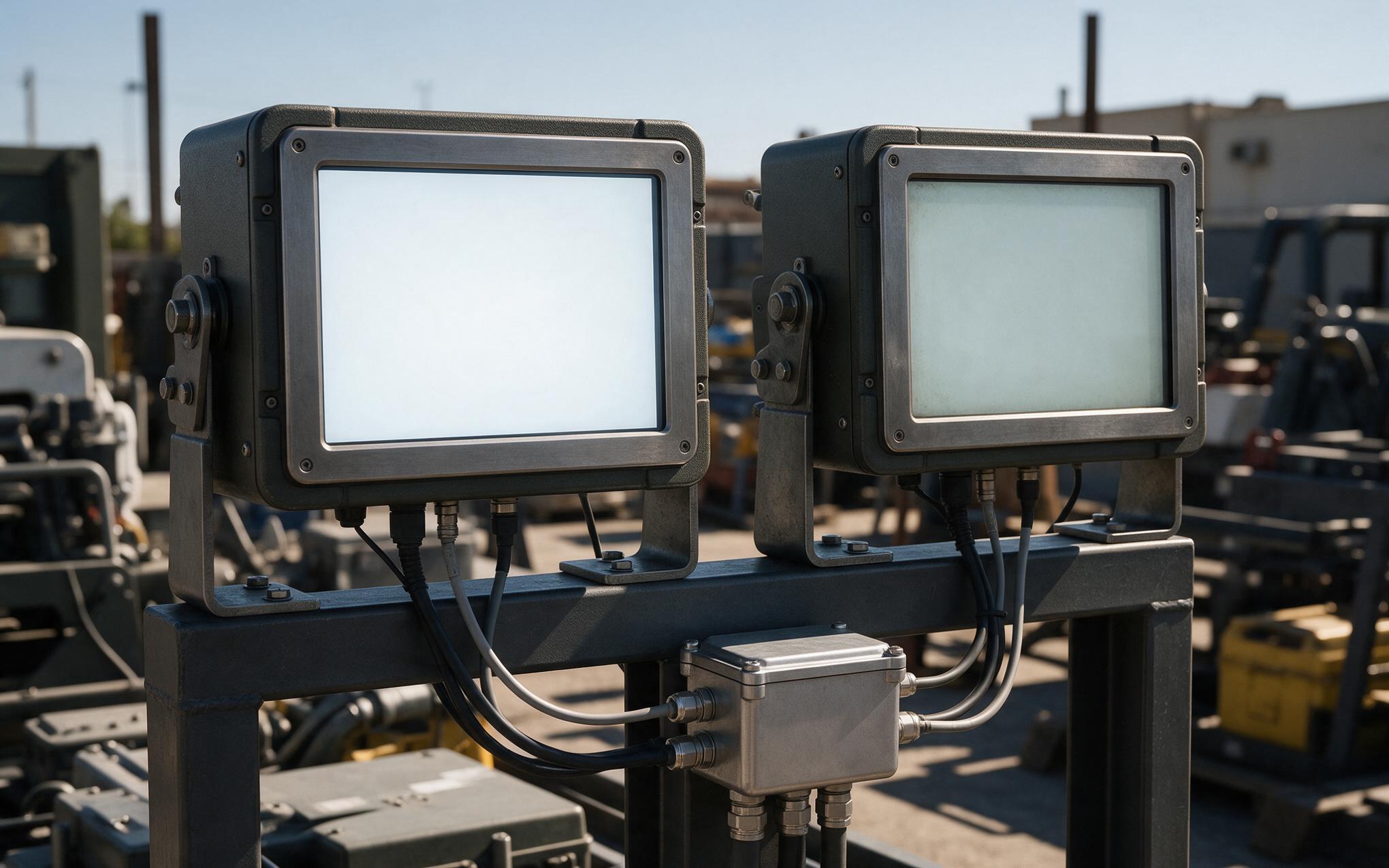 Transmissive and Transflective Panels Side by Side Two industrial monitors side by side outdoors, one readable and one washed out by sunlight
