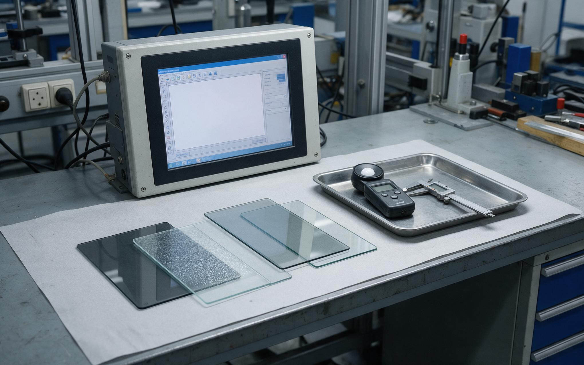 Specification Bench for Outdoor Readability Engineering bench with cover glass samples and an industrial monitor used to verify outdoor readability specifications