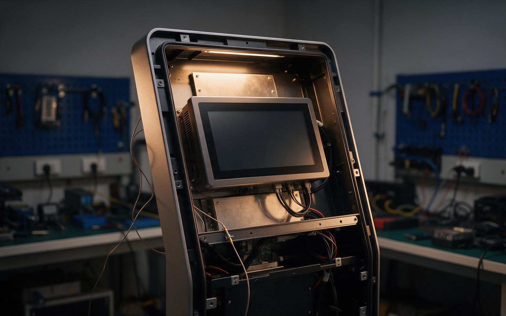 Sealed Volume Inside a Kiosk Shell Sealed kiosk enclosure housing an industrial touch terminal with no external ventilation