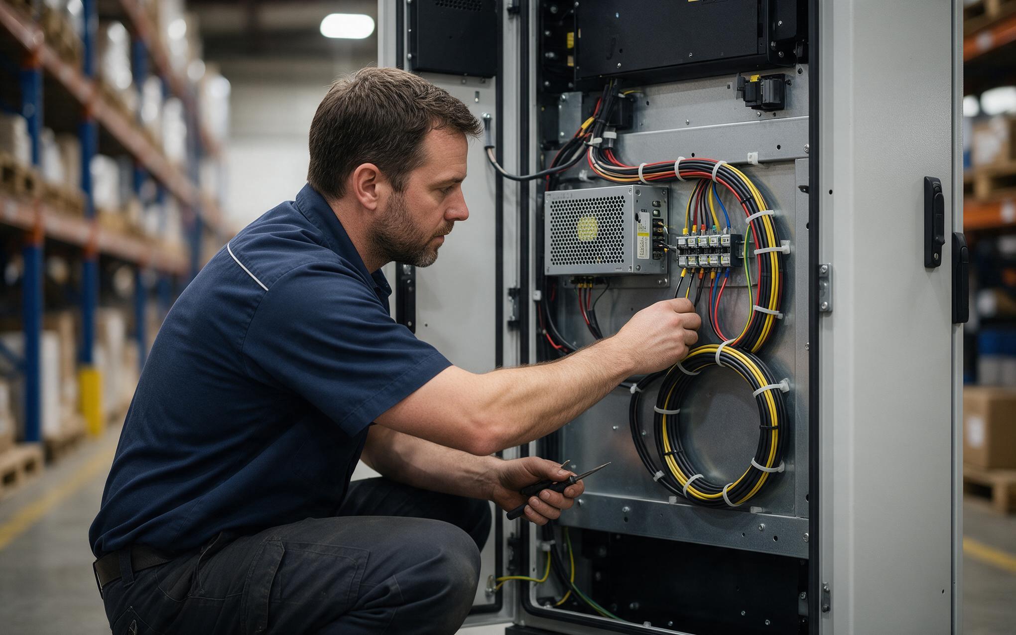 Rear Service Access and Harness Loop Technician servicing cables behind a rear-opening kiosk panel with a service loop