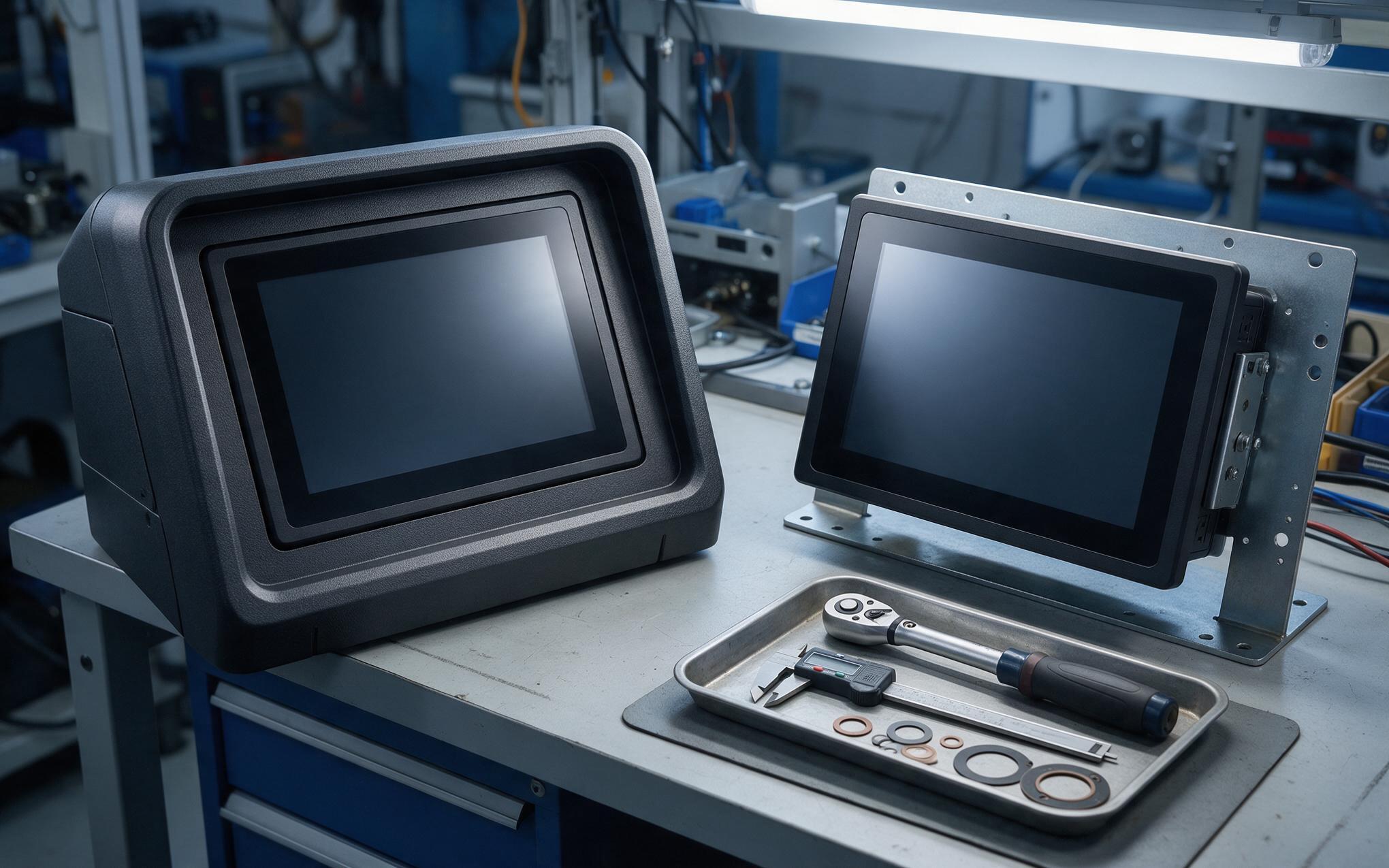Two Duty Profiles on One Bench Engineering bench comparing a kiosk-style sealed panel unit and a bracket-mounted machine unit
