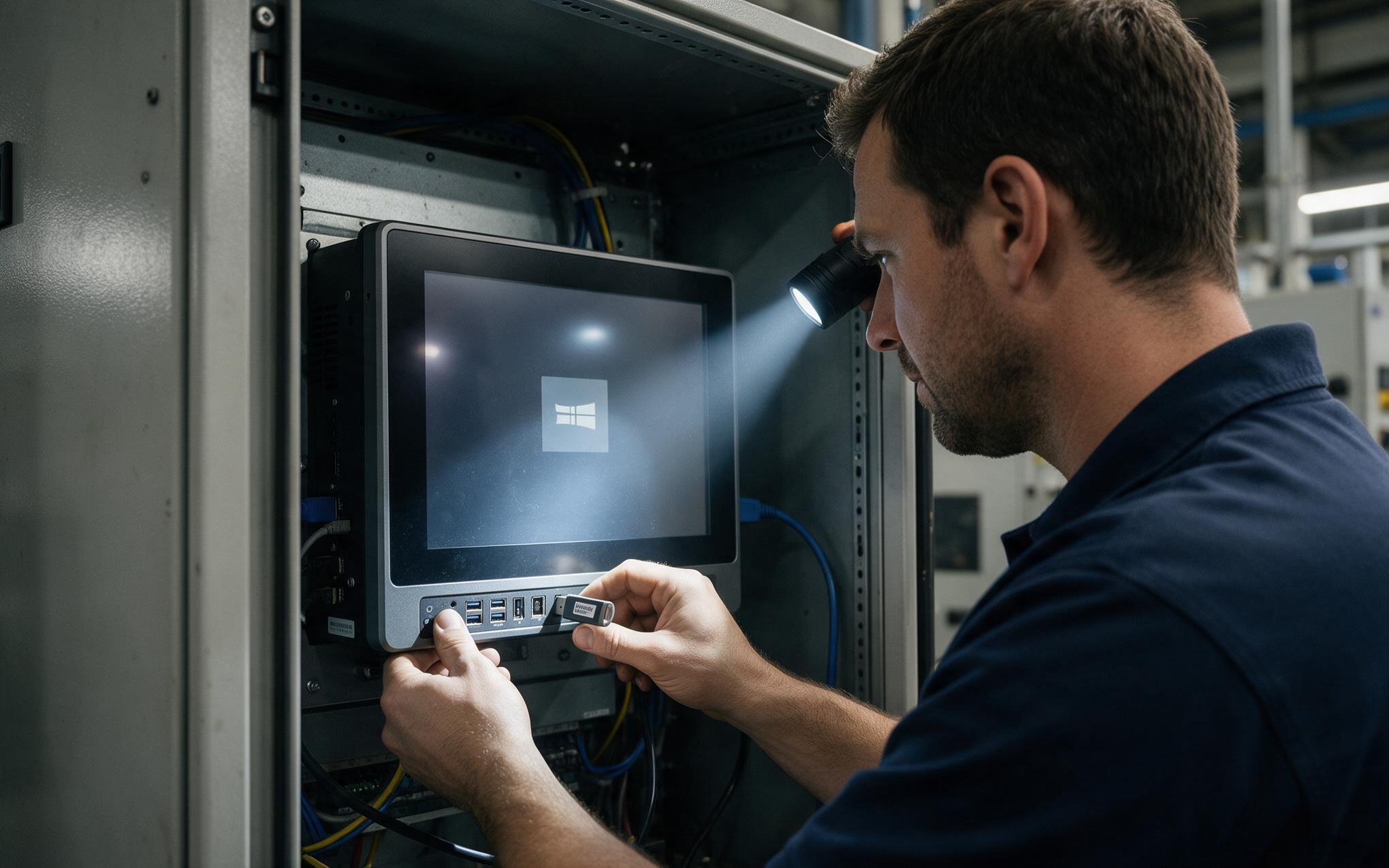 Signed Recovery Media Technician inserting a signed recovery USB into an industrial panel PC stopped at the firmware logo
