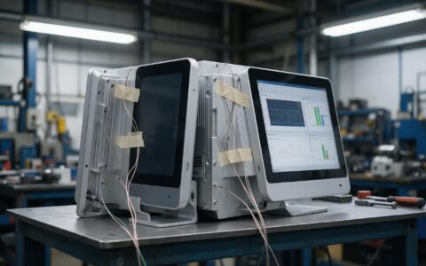 Two industrial all-in-one pcs on a thermal test bench with thermocouple leads attached to the rear chassis
