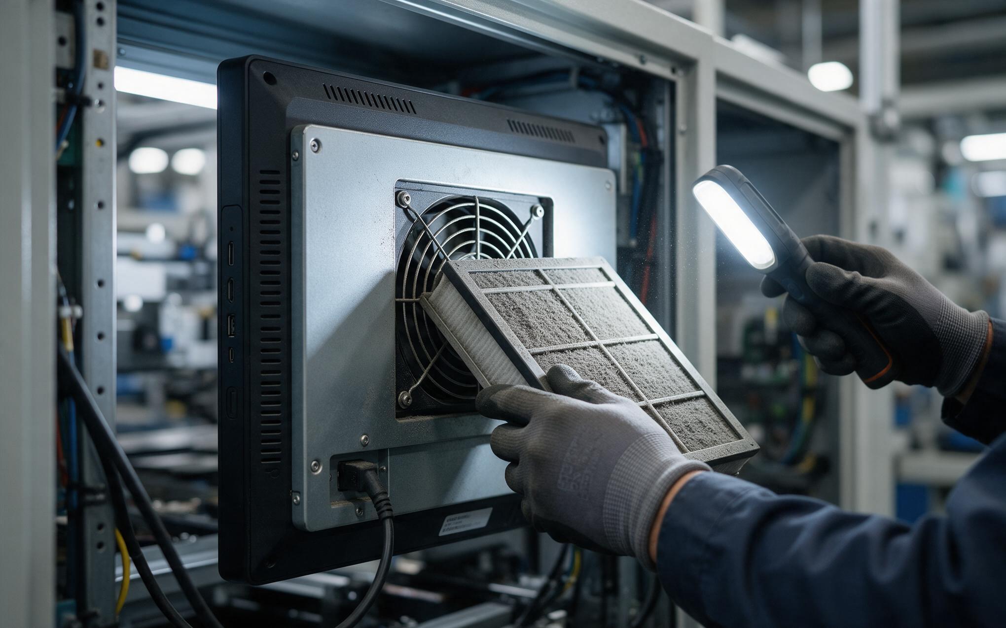 Filter Service Interval Maintenance technician pulling a dust loaded fan filter from the rear of an industrial all-in-one pc