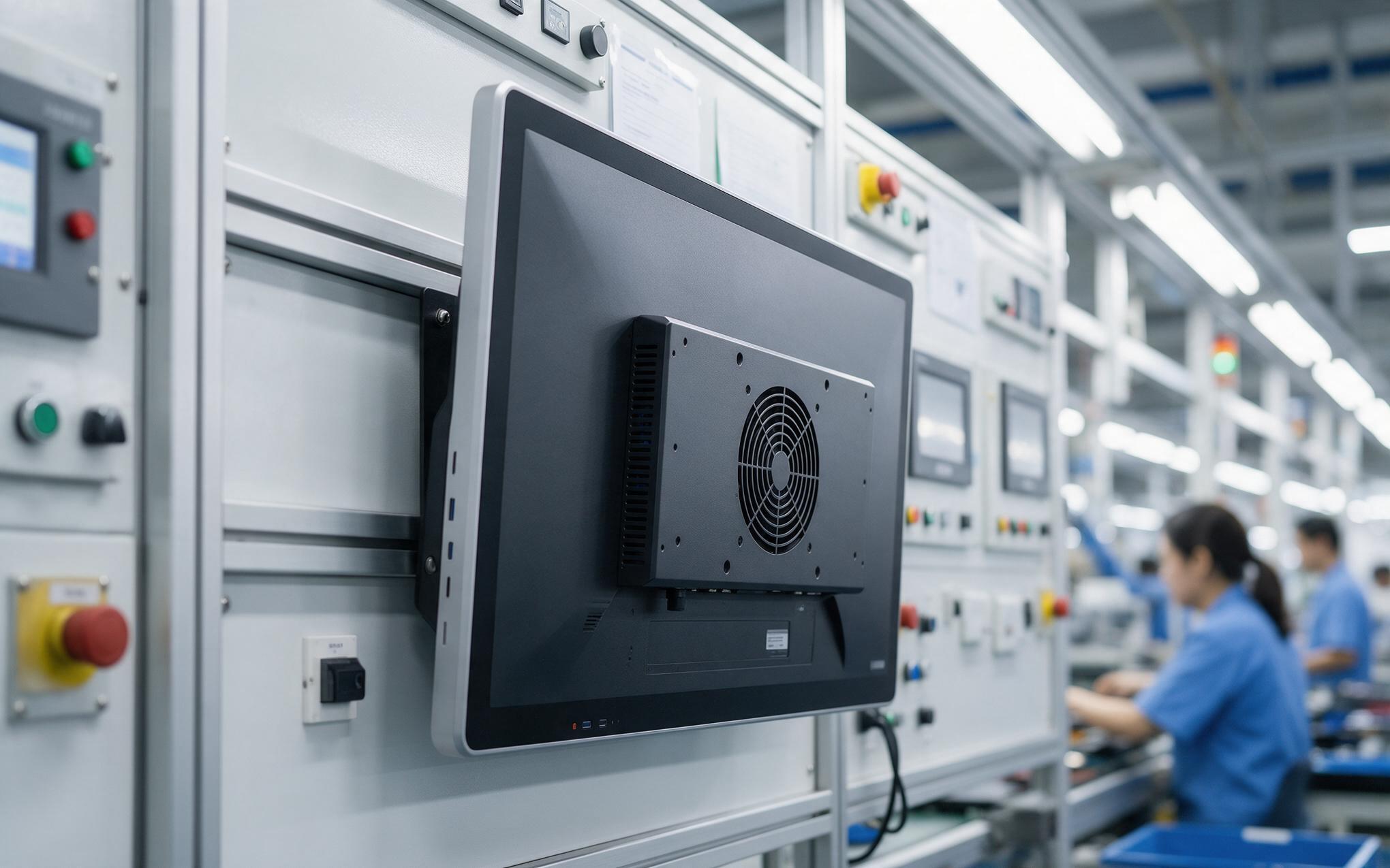 Fan Assisted High Load Build Large format fan assisted industrial all-in-one pc running on a clean production line control wall