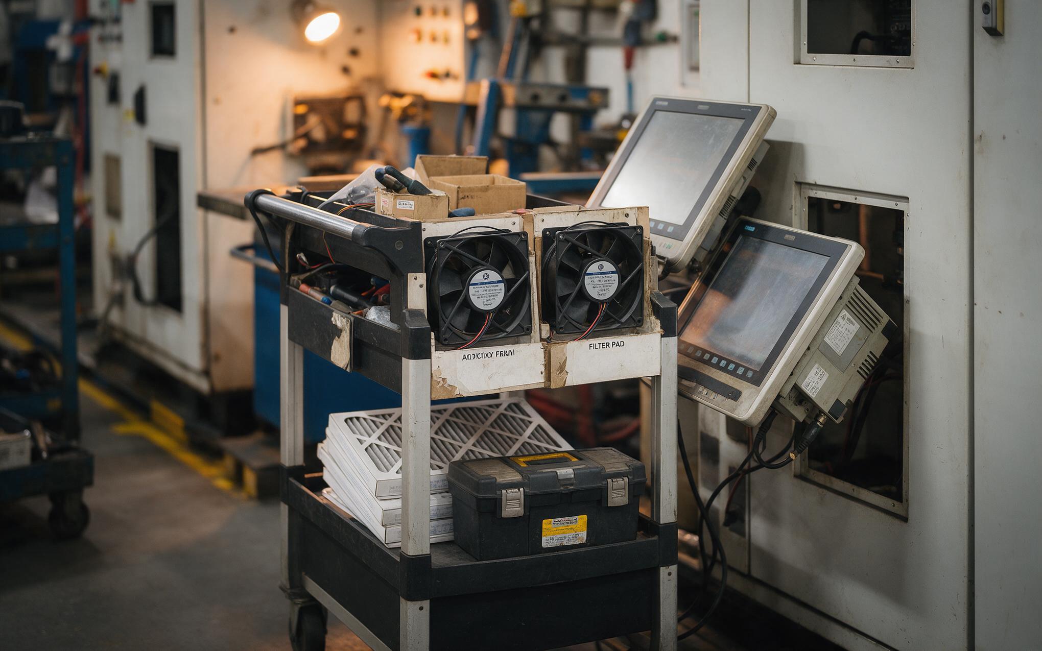 Spares for Legacy Fleets Service cart with spare fan modules and filters beside legacy industrial all-in-one pcs awaiting replacement