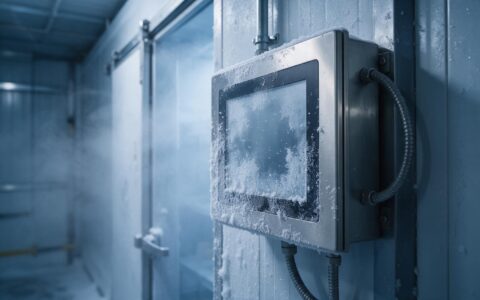 Frost forming on an industrial touch screen panel mounted in a blast freezer door