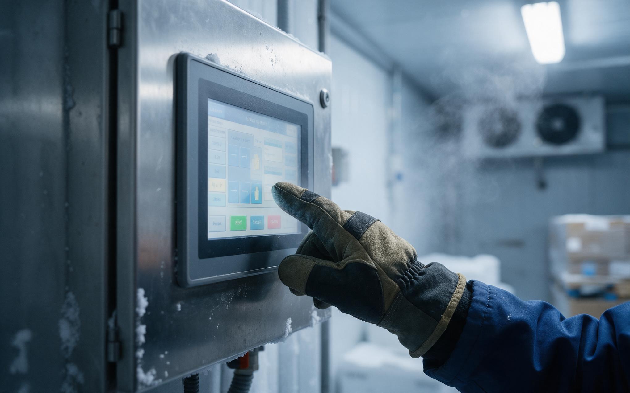 Gloved Operation in Cold Storage Operator in thick insulated gloves using an industrial touch screen inside a chilled cold room