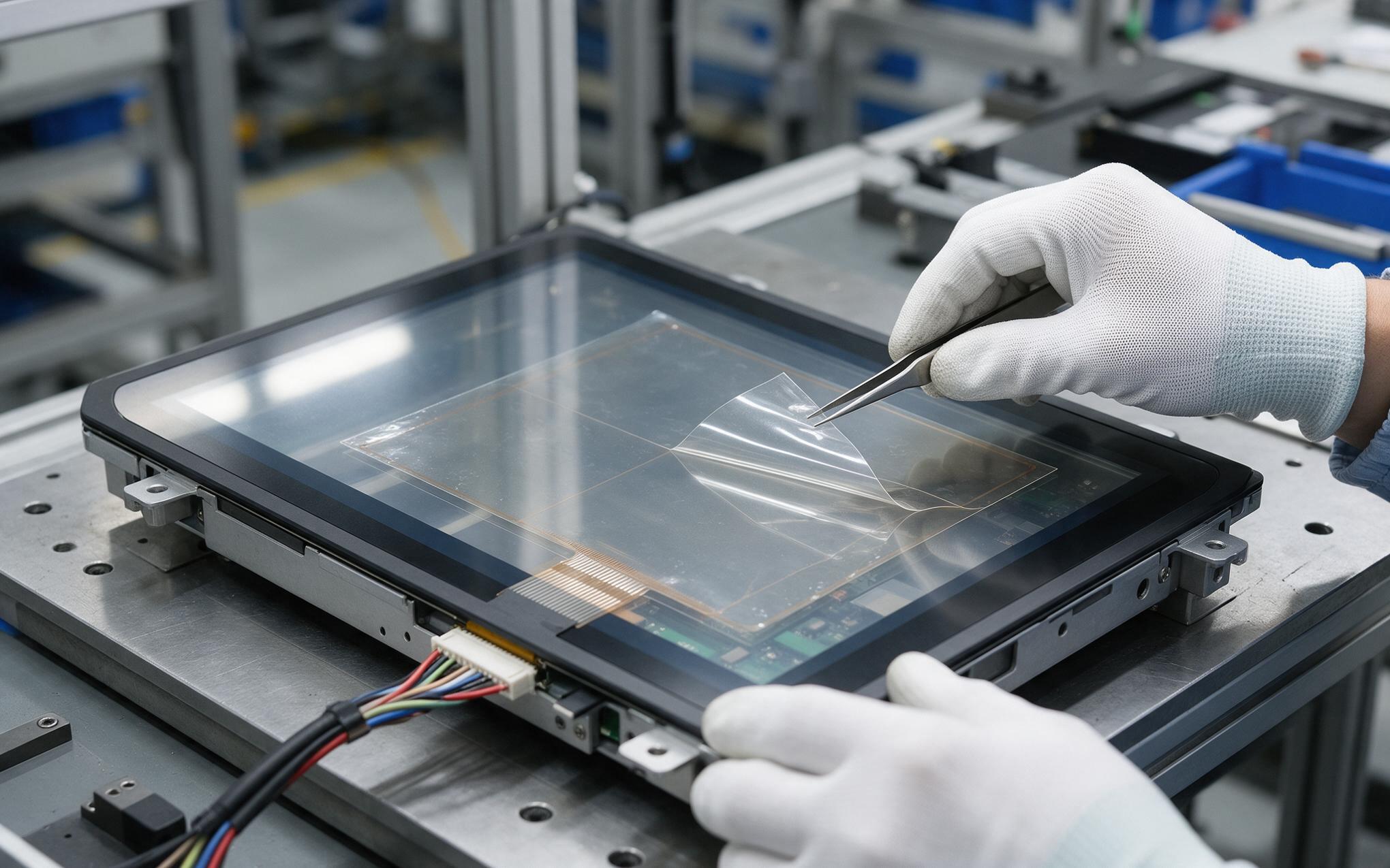 Heater Film Behind Cover Glass Transparent heater film installed behind the cover glass of an industrial touch screen panel