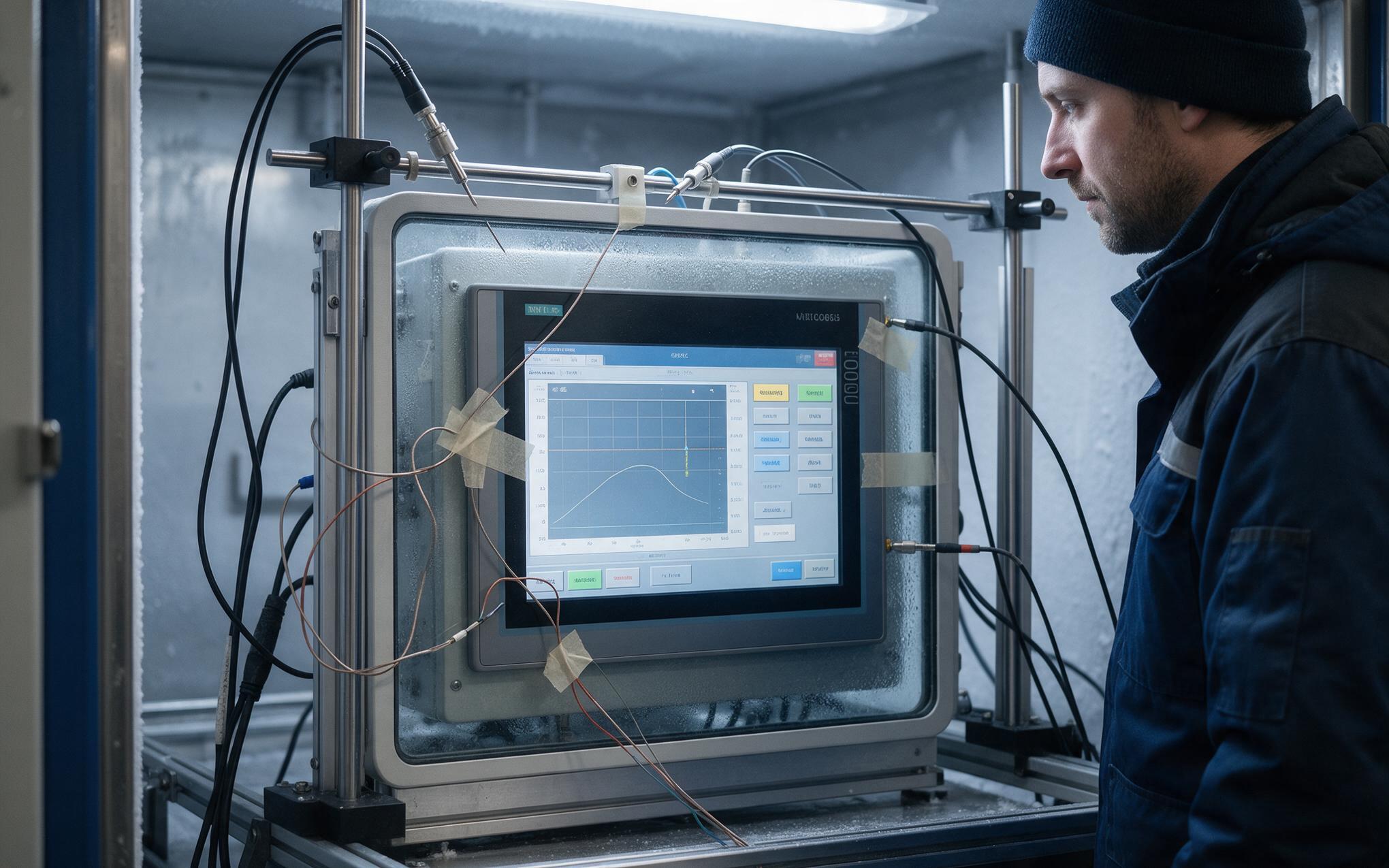 Low Temperature Touch Validation Technician validating touch response of an industrial touch screen inside a low temperature test chamber