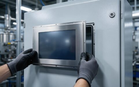 Industrial IP65 touch screen panel aligned into a rectangular cutout in a steel cabinet door