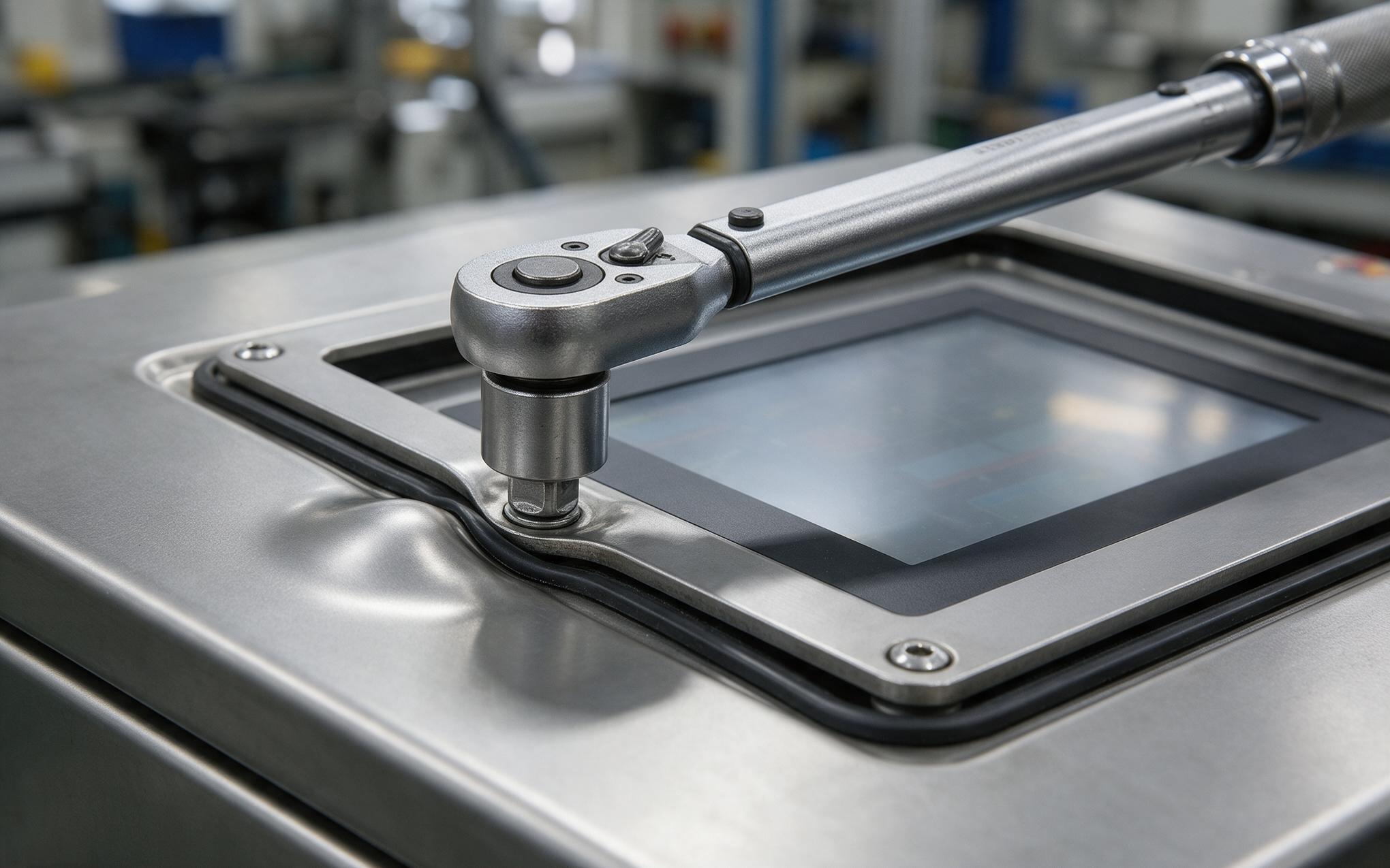 Torque and Door Flex Bolt torque flexing a thin steel door skin behind an industrial IP65 touch screen