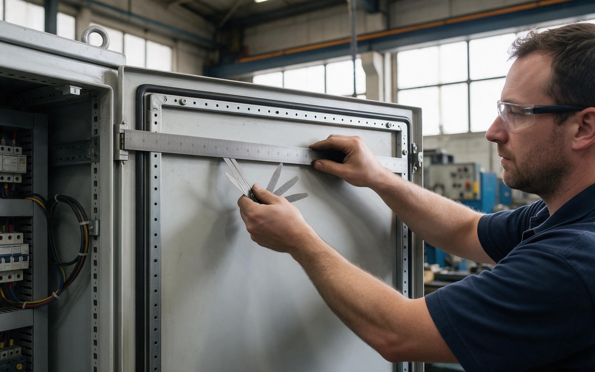 Checking the Mounting Face Straightedge and feeler gauge checking flatness of the mounting face for an industrial IP65 touch screen
