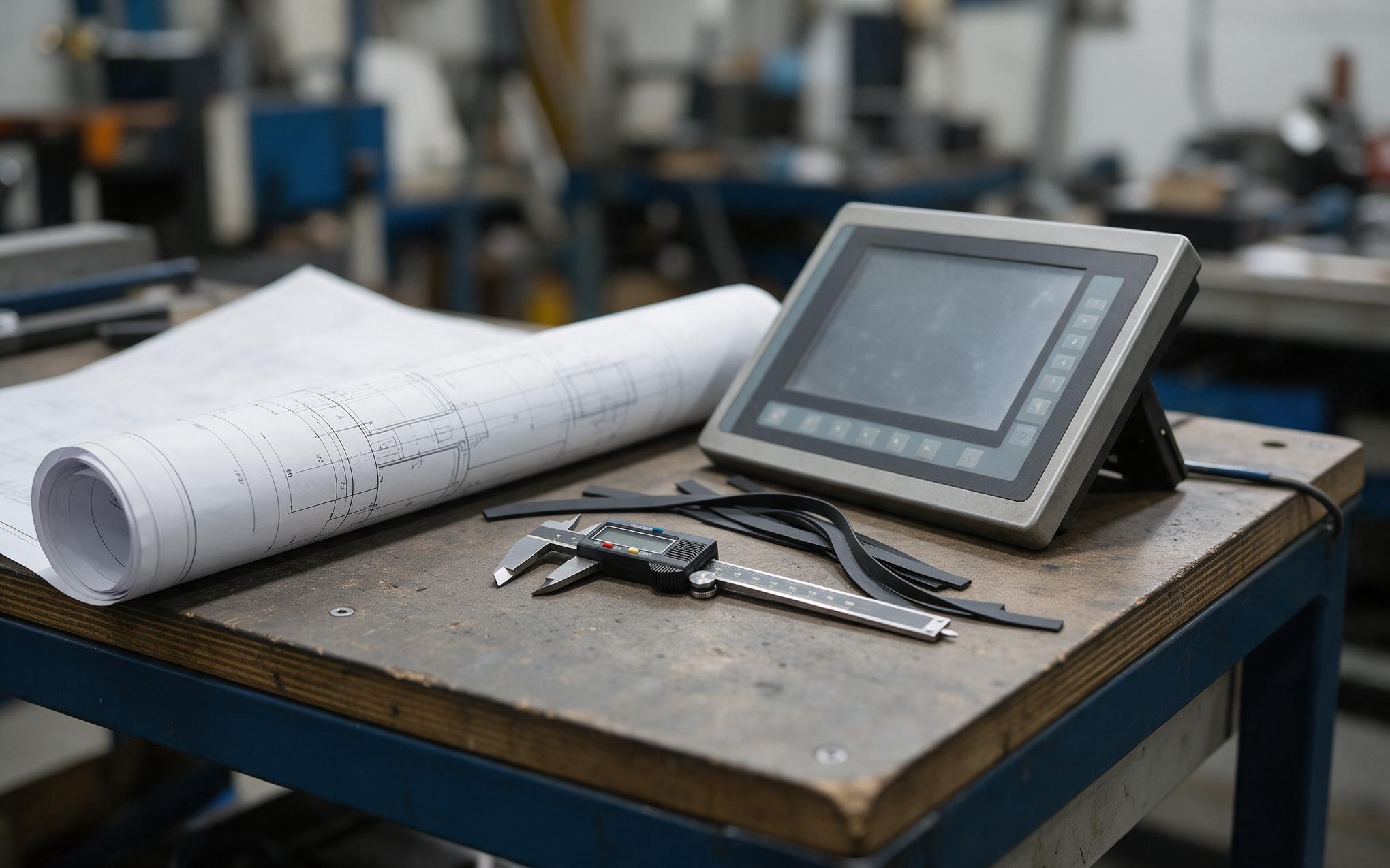 Drawings Before Mounting Supplier drawing, digital caliper, and gasket samples laid out for an industrial IP65 touch screen installation