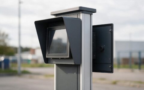 Rear service panel of a waterproof industrial monitor mounted on an outdoor kiosk column