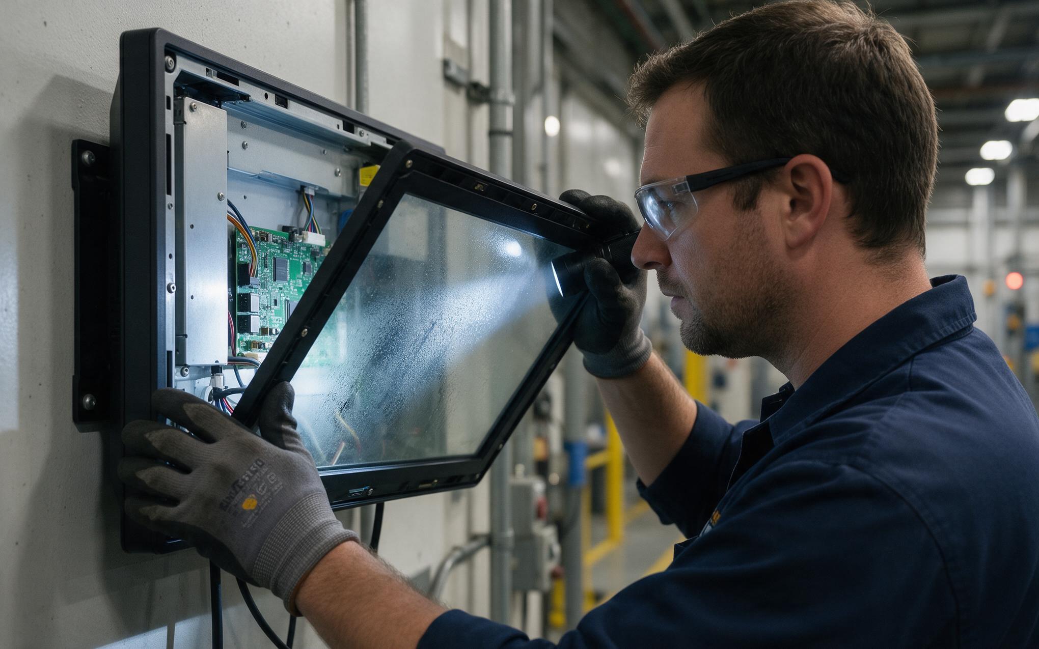 Checking the Interior Technician inspecting the interior of a waterproof industrial monitor enclosure for condensation