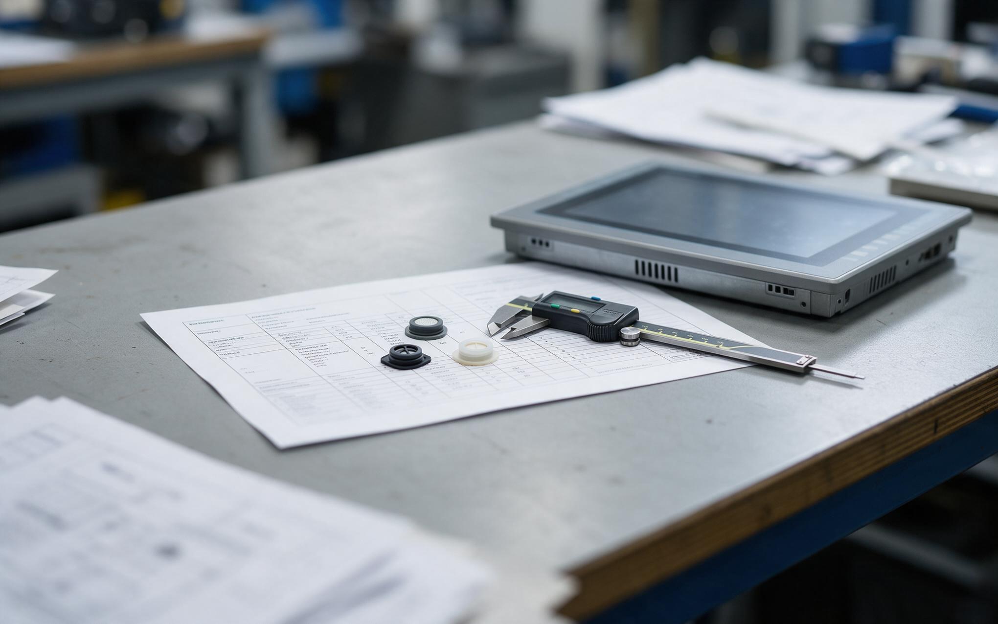 Specs Before Ordering Vent specification sheet, membrane samples, and caliper laid out for a waterproof industrial monitor purchase