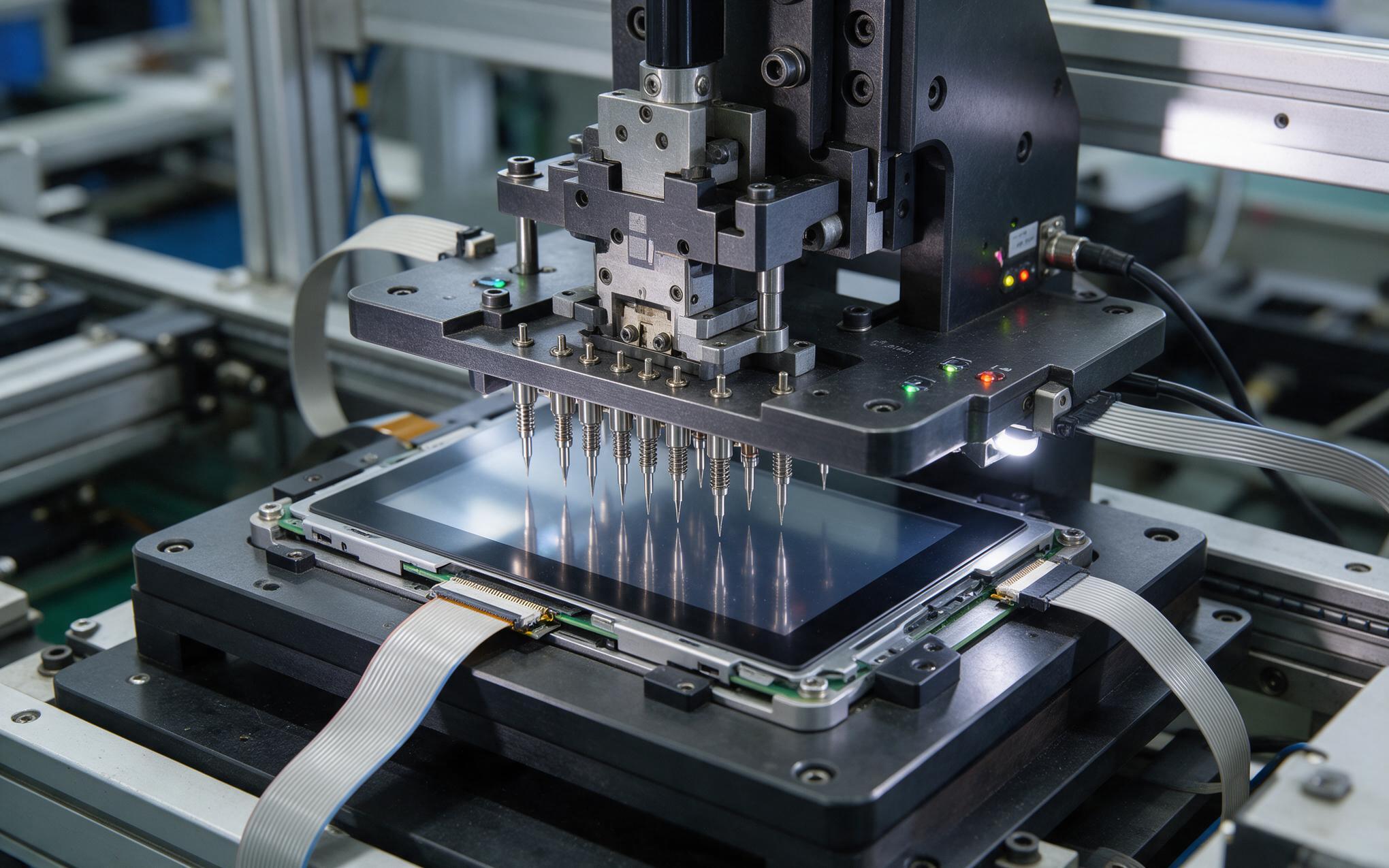 Production test fixture running linearity checks on an industrial touch screen module