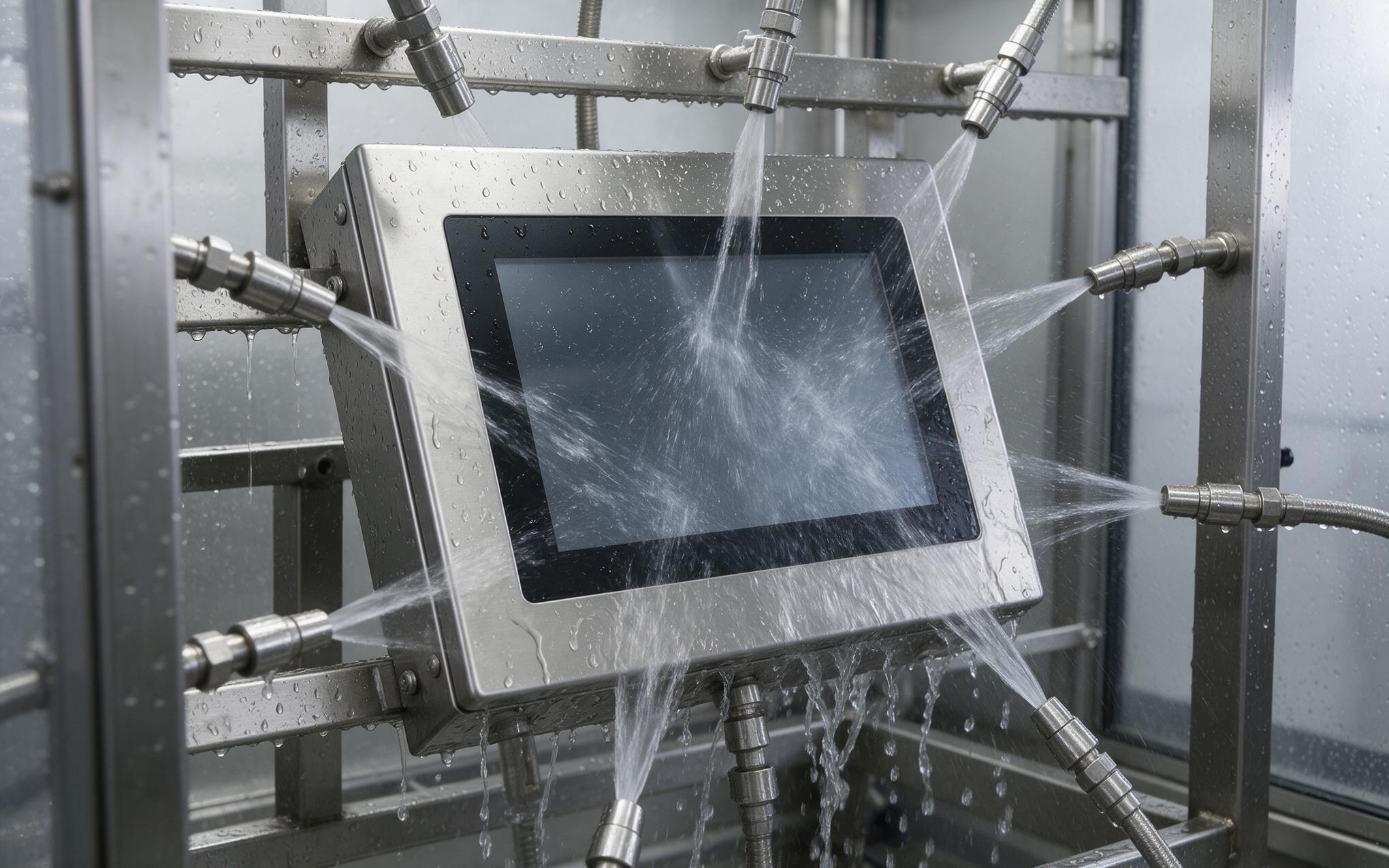 IP65 water spray verification on a sealed industrial touch screen front panel
