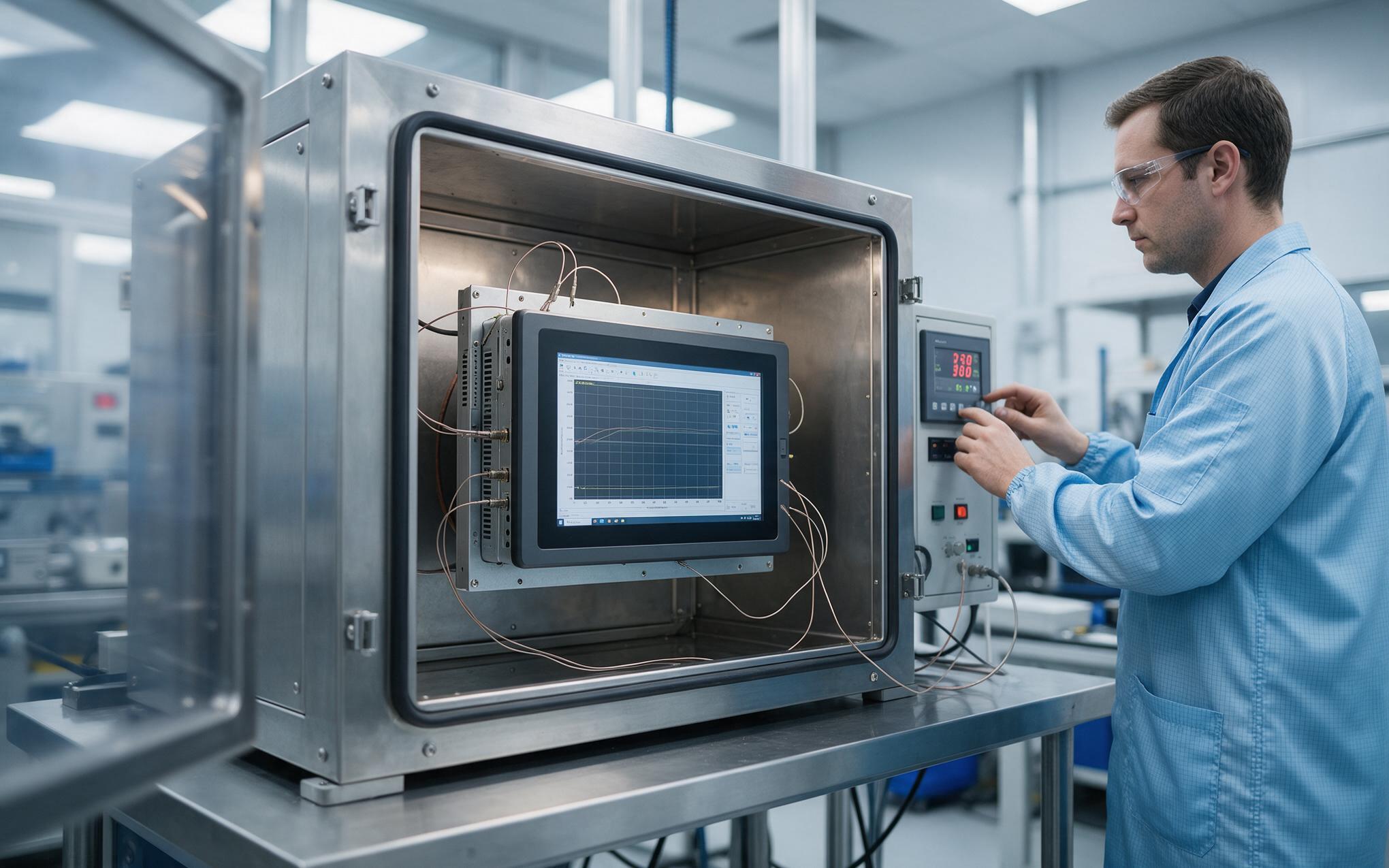 Thermocouple leads on a panel PC during thermal soak Thermal soak window check for industrial panel pc manufacturers with thermocouple leads on a panel PC