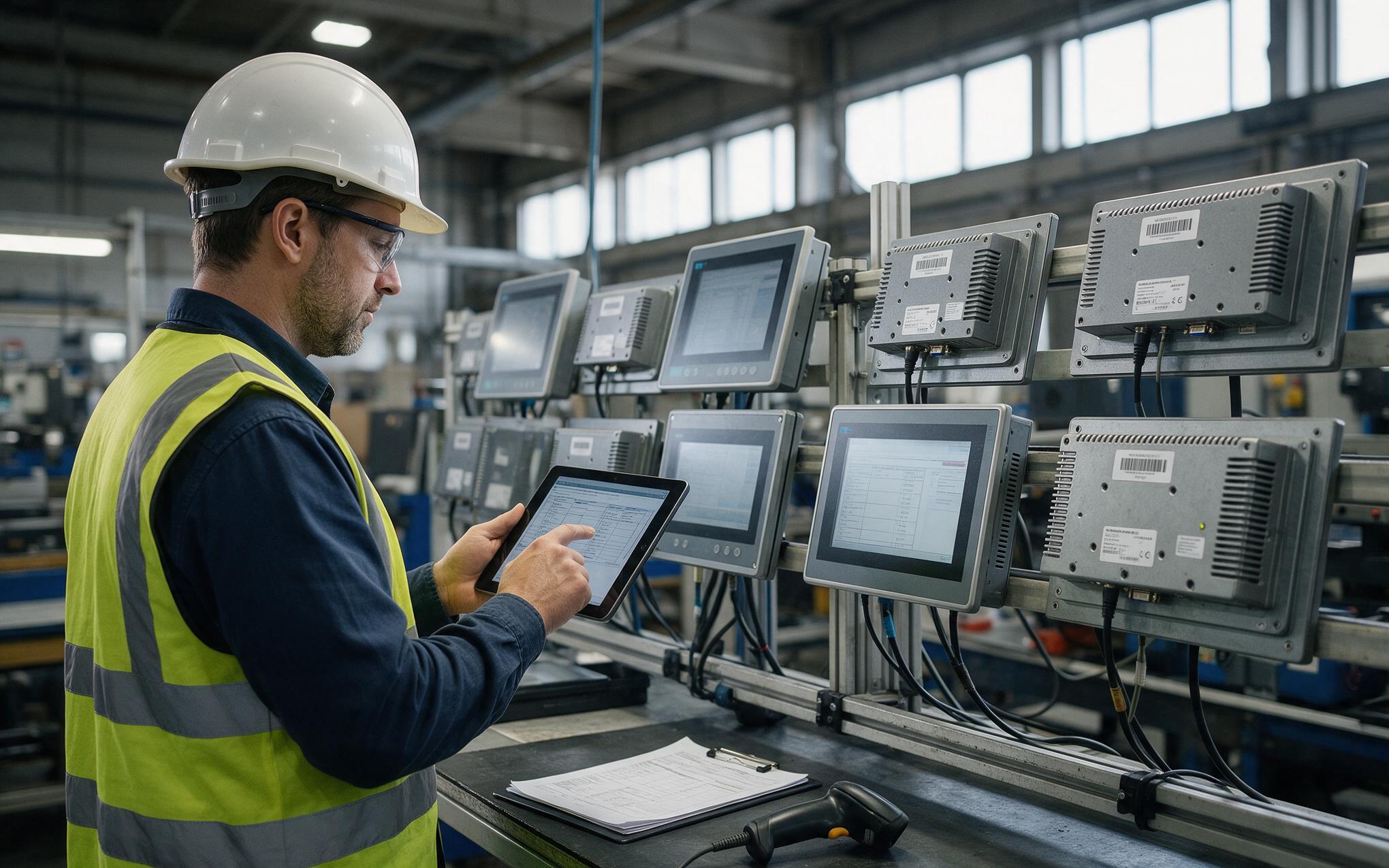 Auditor reviewing a serial linked burn-in log Serial linked burn-in log audit for industrial panel pc manufacturers beside a test rack