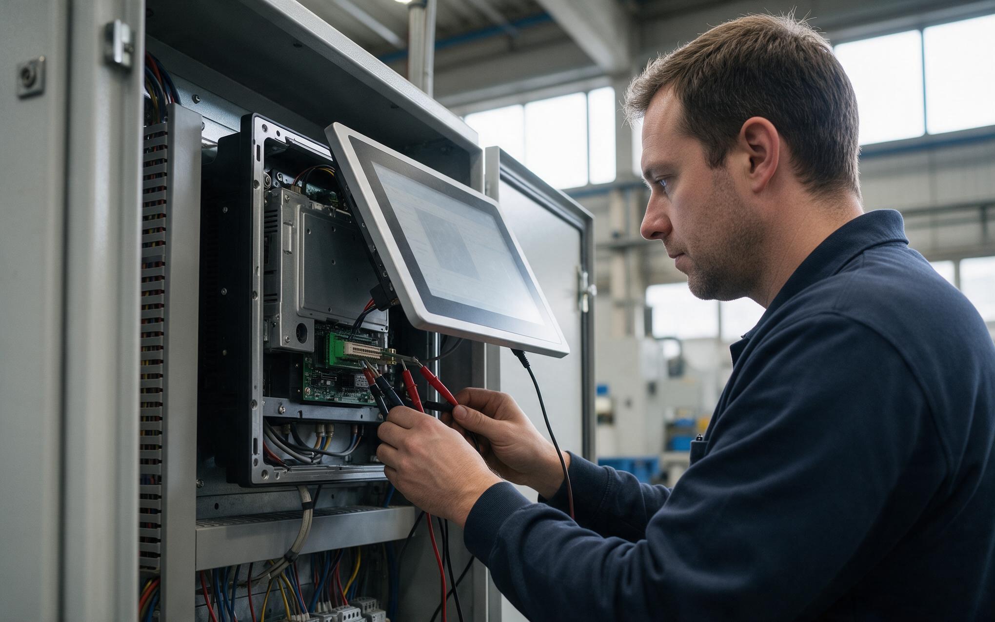 Technician diagnosing an early failure in a plant cabinet Field diagnosis of an early failure on an industrial panel pc installed in a plant cabinet