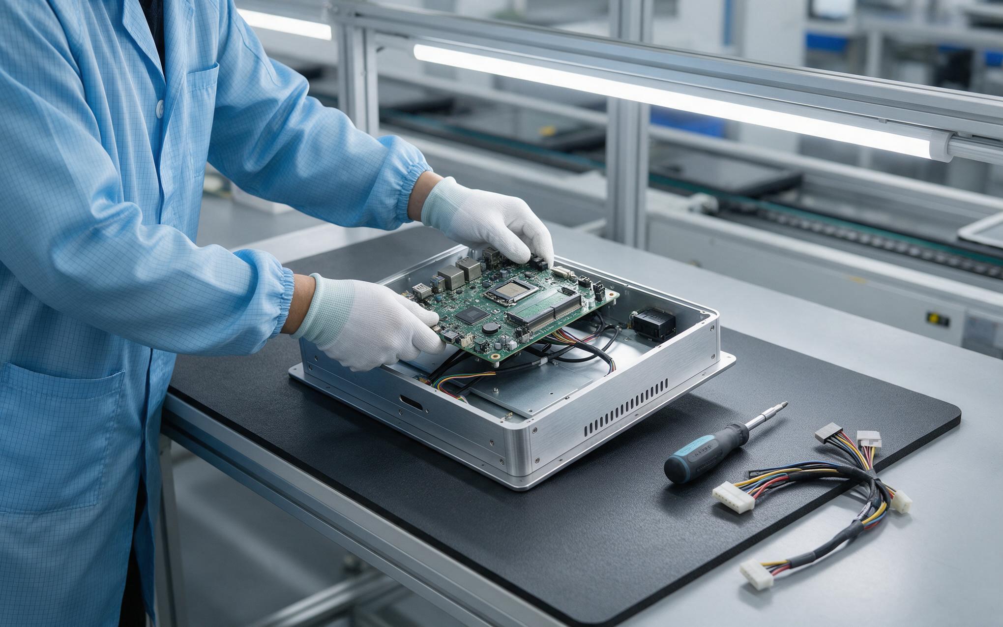Turnkey industrial PC baseline on the assembly line Turnkey industrial PC baseline assembly on a production line with integrated board and enclosure