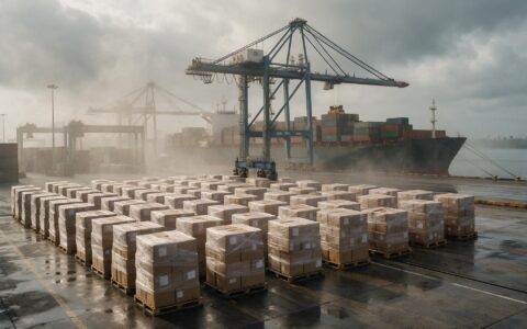 From Humid Ports to Cold Stores with Industrial PC Wholesale Pallets of an industrial PC wholesale order waiting under a gantry crane at a humid container port