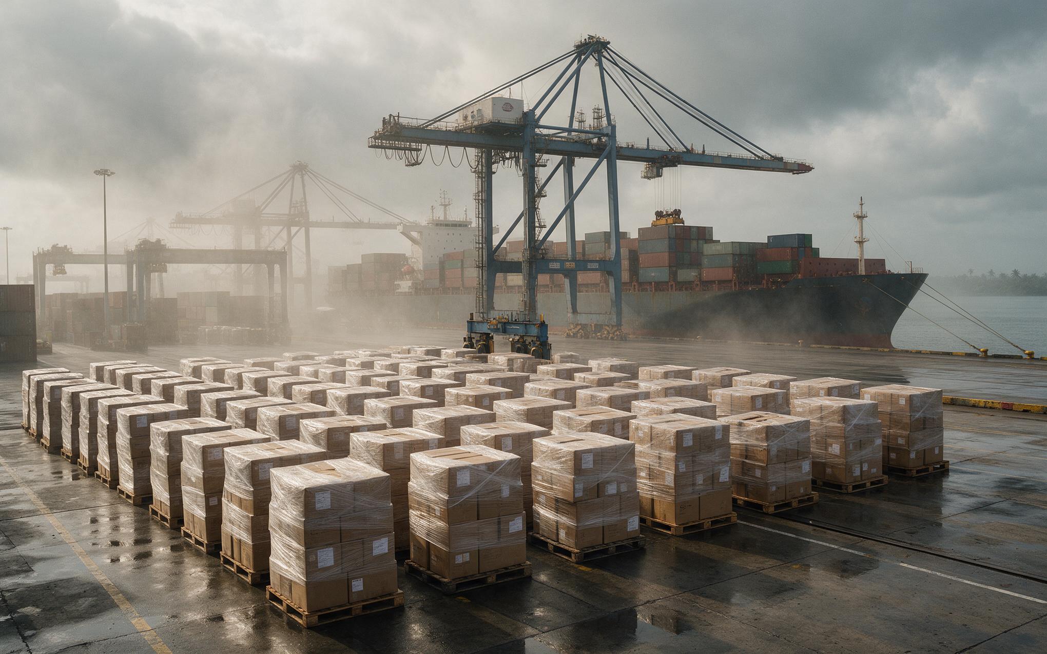 Gantry crane and pallets at a humid container terminal Pallets of an industrial PC wholesale order waiting under a gantry crane at a humid container port
