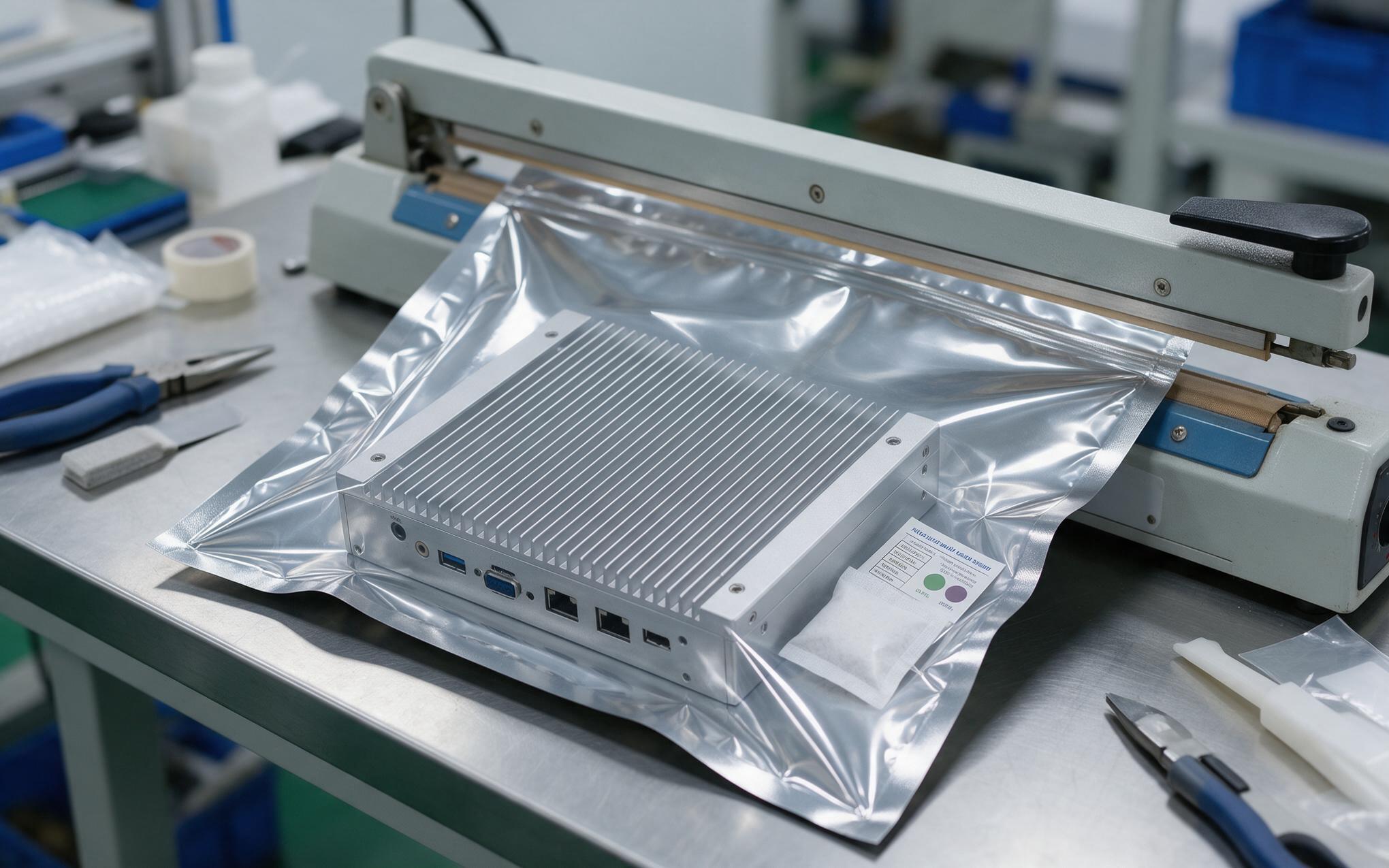 Moisture barrier bag heat sealing with indicator card Heat sealing a metallized moisture barrier bag around an industrial panel computer with a humidity indicator card