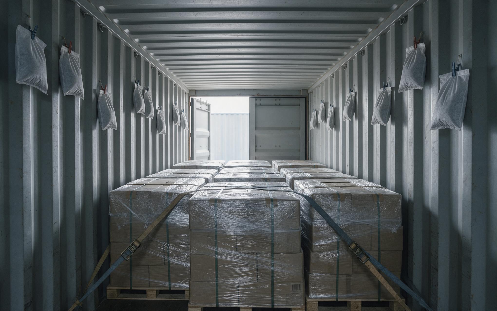 Container desiccant units hung above stretch wrapped pallets Desiccant units hanging from the ribs of a steel shipping container loaded with stretch wrapped pallets