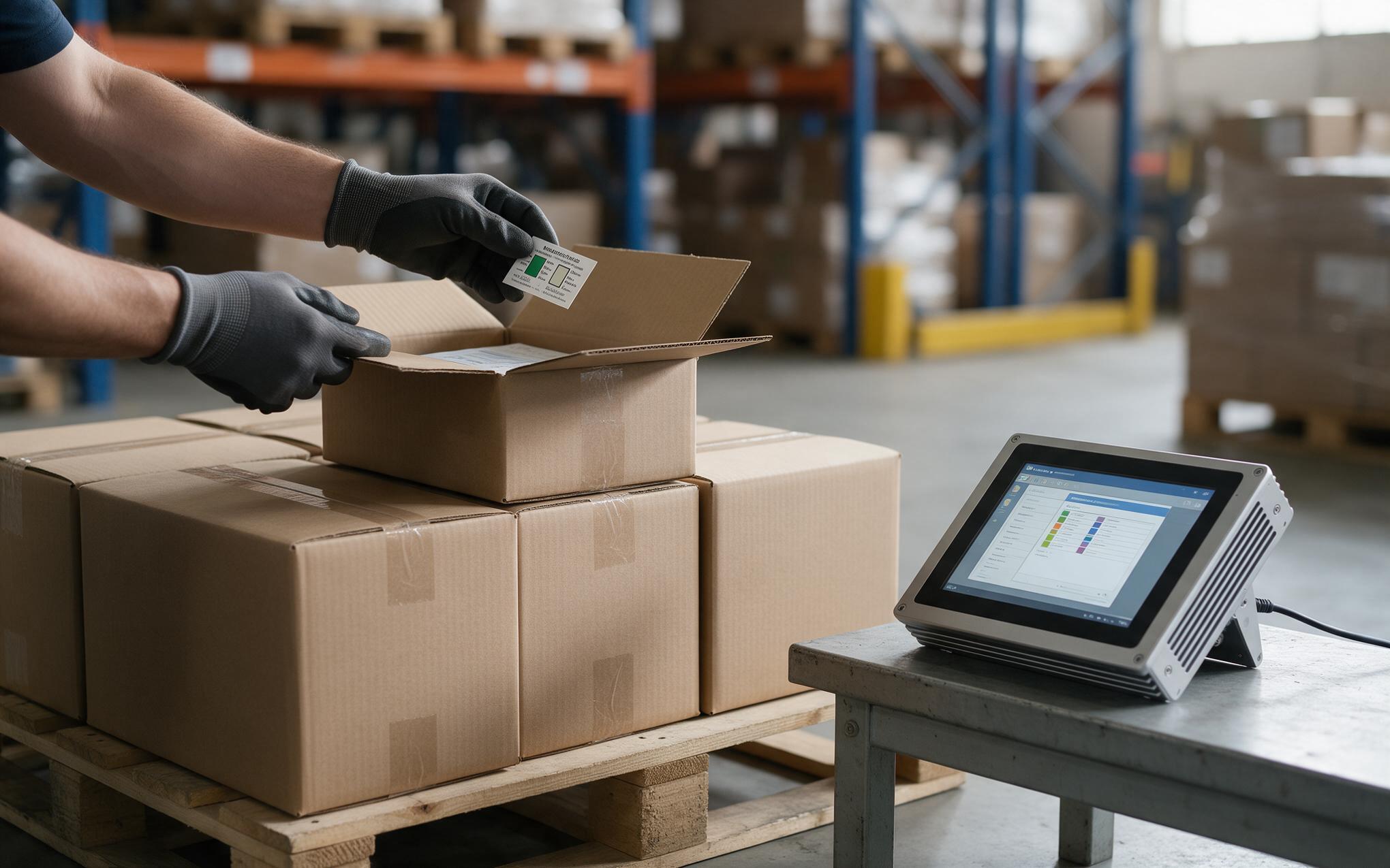 Humidity indicator card checked before power on Receiving technician reading a humidity indicator card before powering on an industrial panel PC from a sealed carton