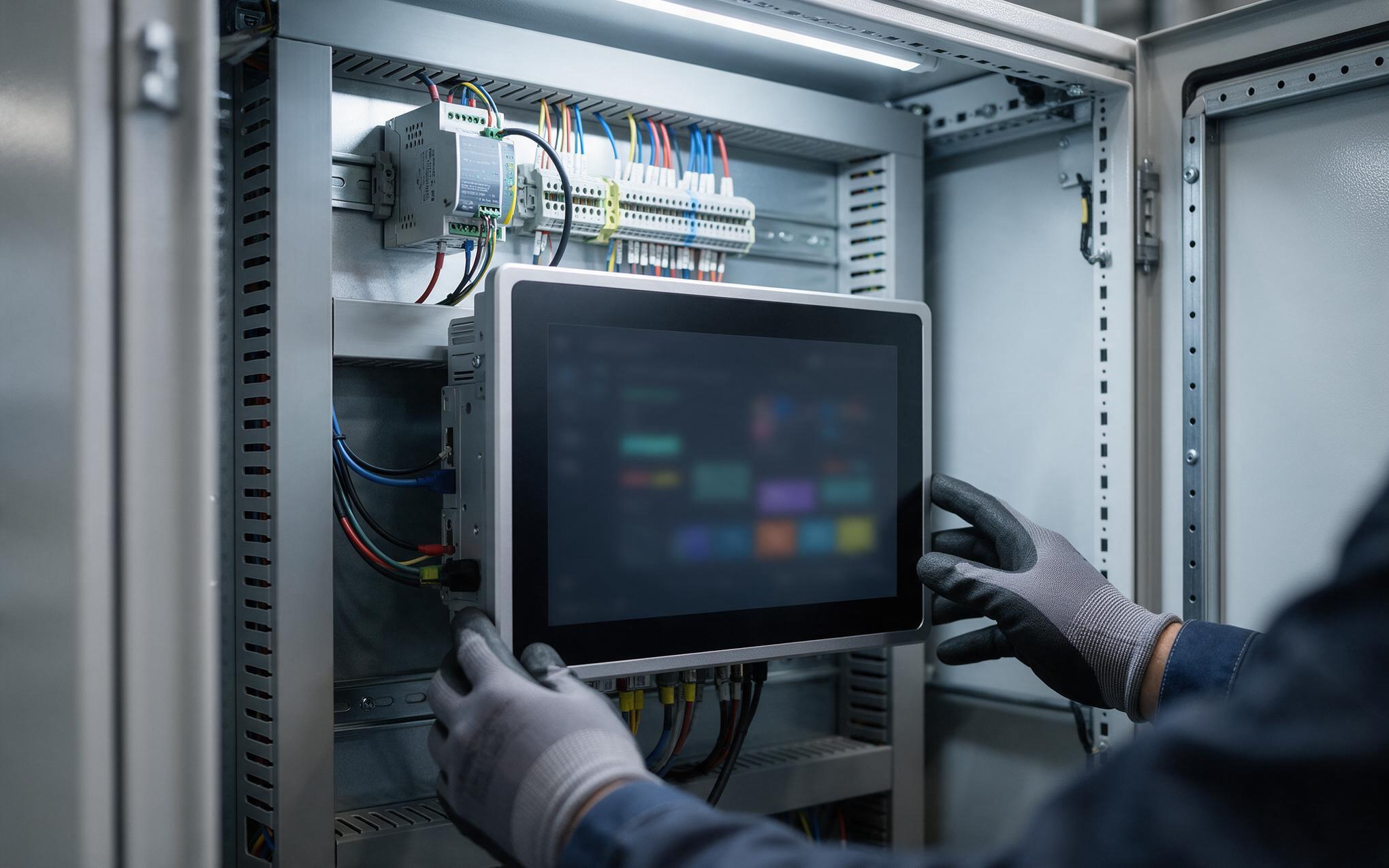 Panel PC in a cabinet during backlight driver setup Linux backlight driver setup on an industrial panel pc mounted in a plant control cabinet