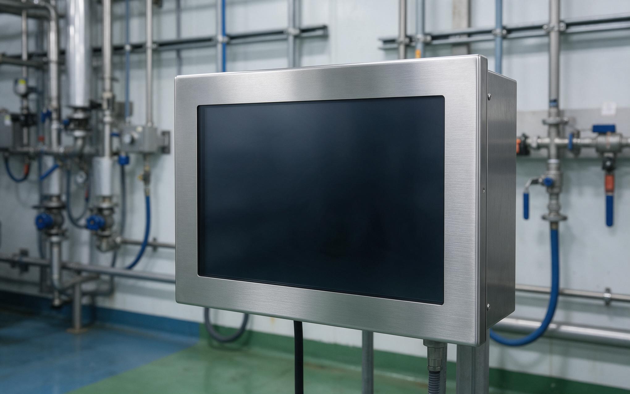 Stainless front bezel of a 4X rated panel PC NEMA 4X rated industrial all in one panel pc with a stainless front bezel on a chemical plant wall