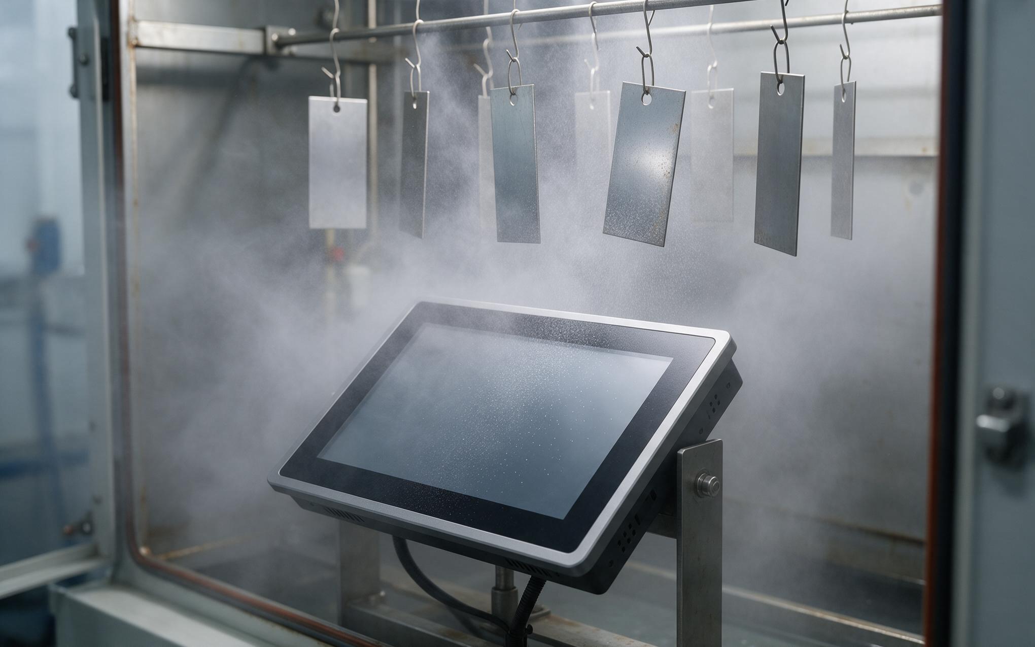 Salt spray chamber holding panel PC samples Industrial all in one panel pc samples and steel coupons inside a salt spray corrosion test chamber