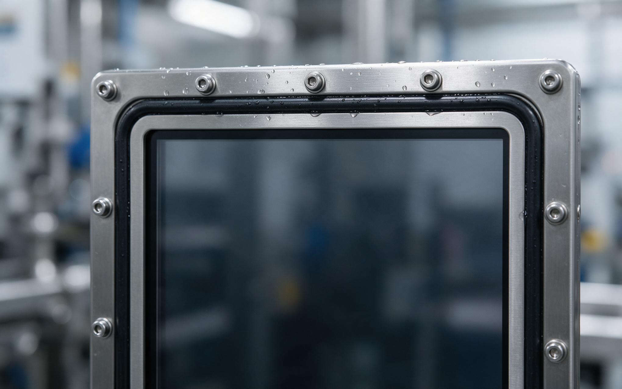 Gasket compression and fasteners on a sealed front frame Close view of gasket compression and stainless fasteners on an industrial all in one panel pc front frame