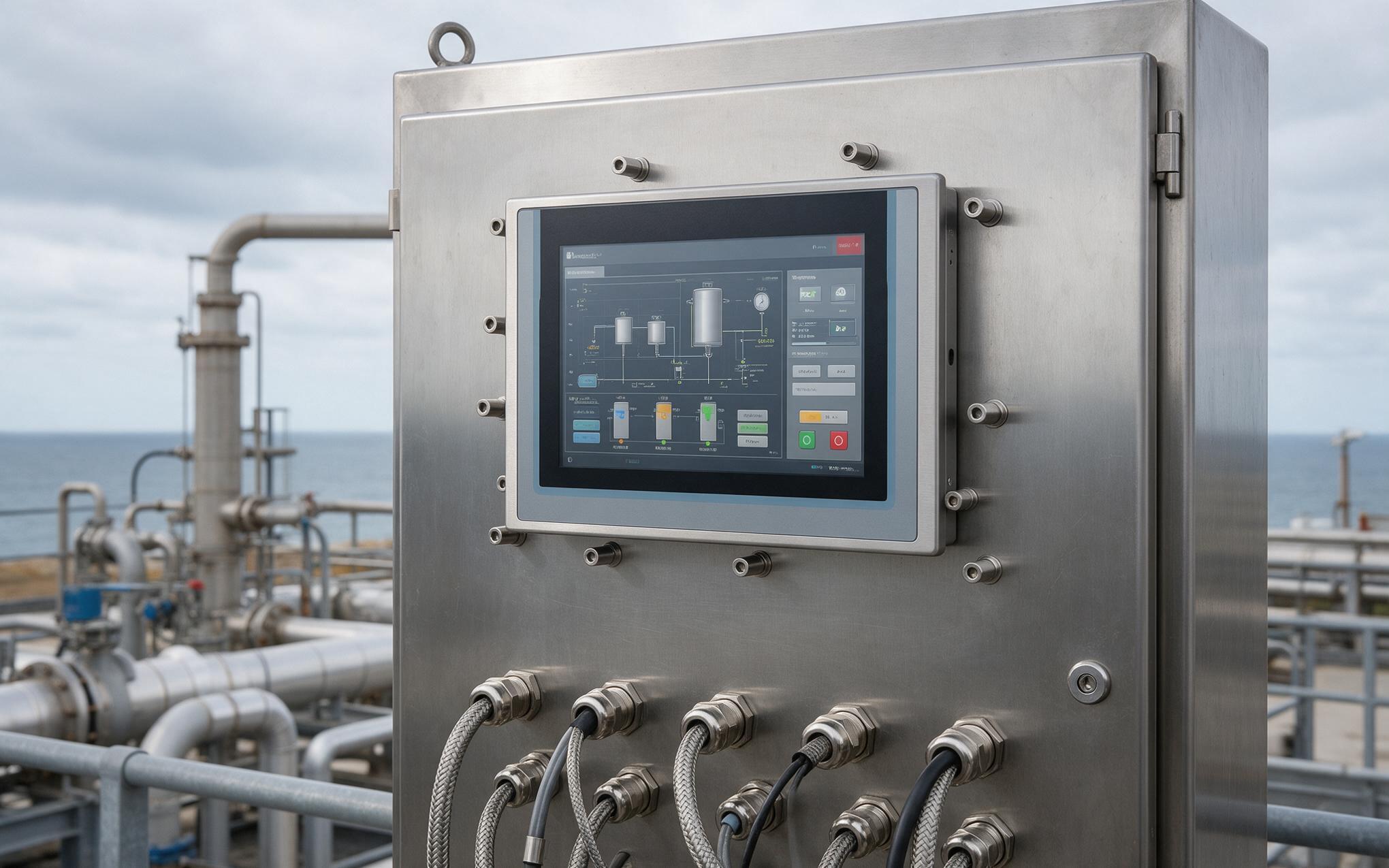 Panel PC installation with spacers and glands Industrial all in one panel pc mounted with spacers and cable glands on a coastal plant cabinet