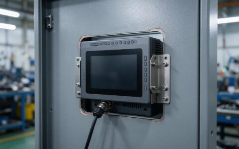 Panel mount industrial pc bolted to a powder coated steel cabinet door with masking at the cutout