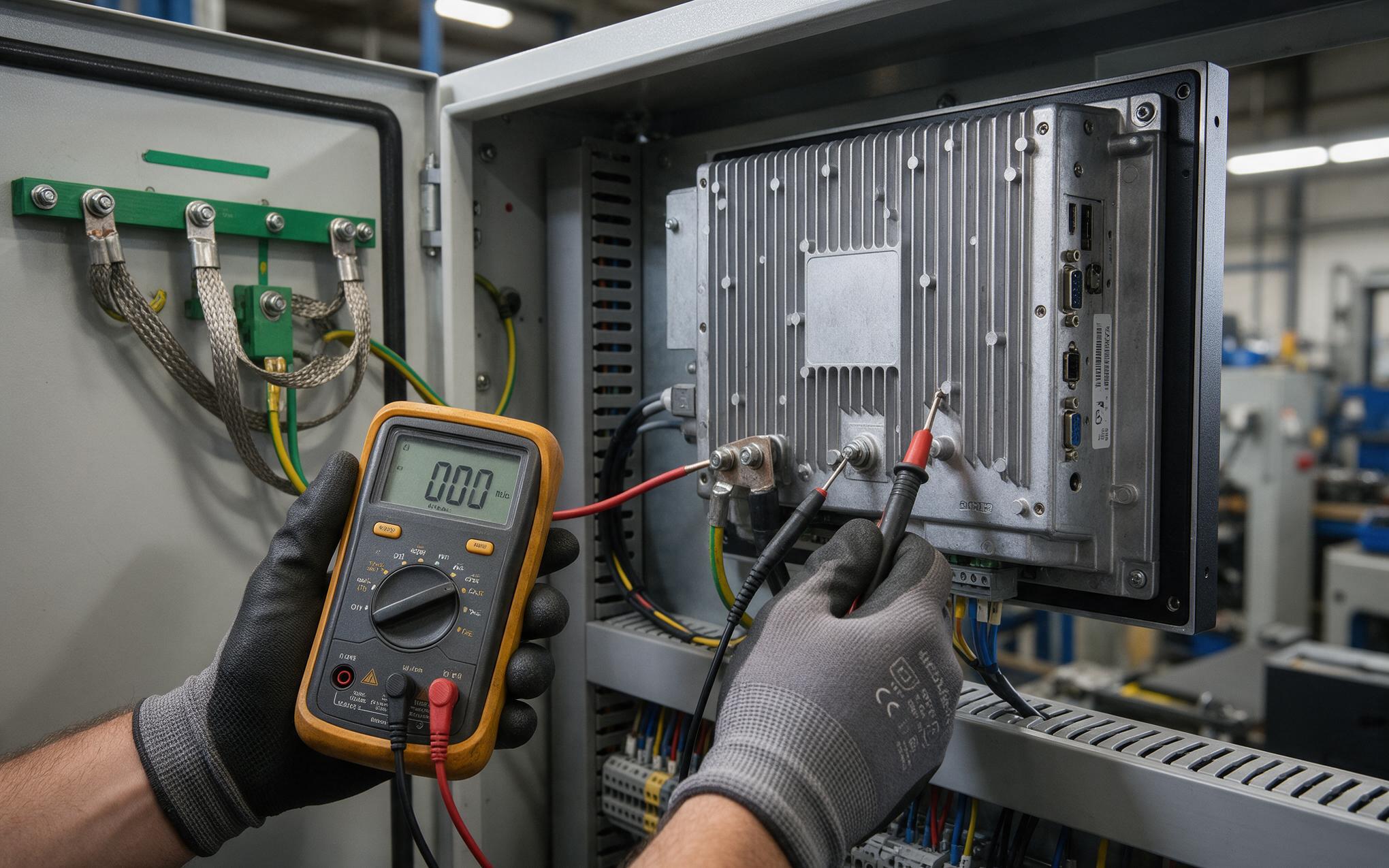 Ground Continuity Check At Commissioning Technician using a low resistance meter to verify ground continuity on an installed panel mount industrial pc
