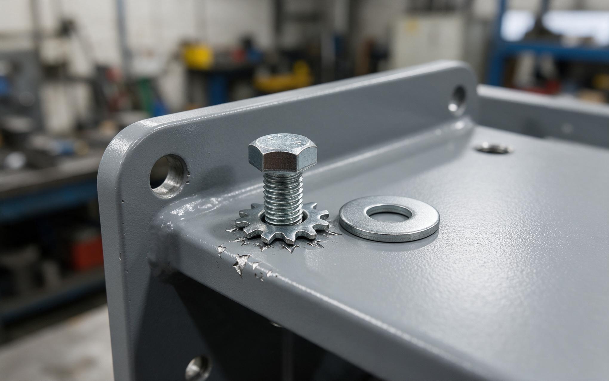 Toothed Washers Cutting Through Paint Star washers and mounting hardware creating parallel contact paths on a painted mounting flange