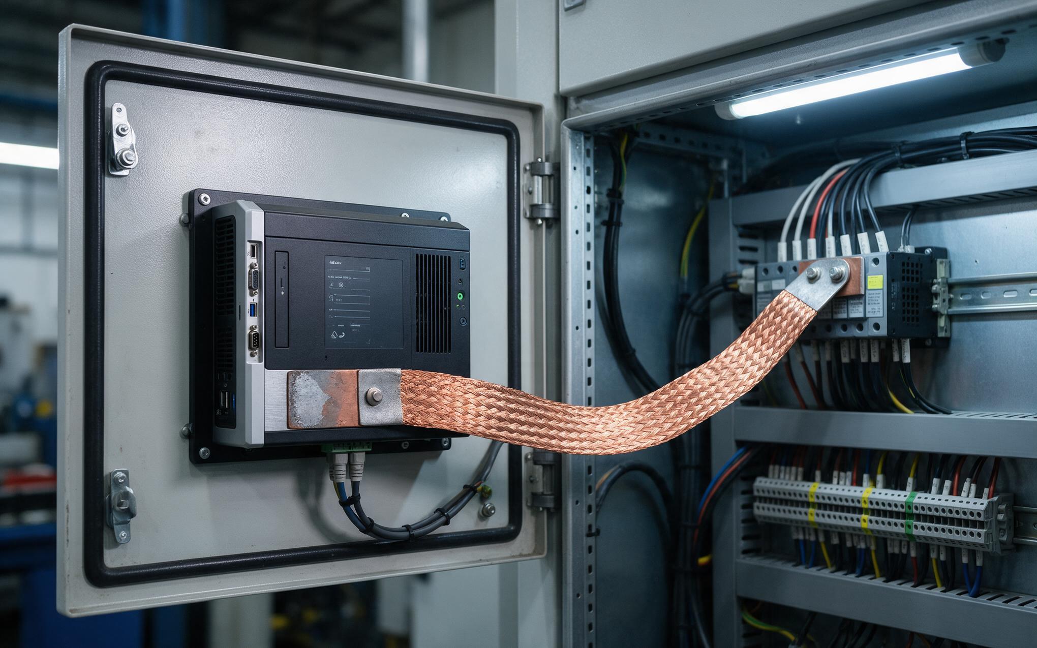 Bonding Strap Across The Hinge Line Braided ground strap bridging a hinged cabinet door where a panel mount industrial pc is installed