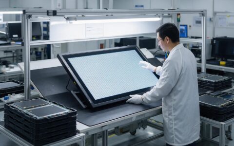 Quality inspector checking a lit panel for dark pixels during incoming inspection at touch screen display manufacturers
