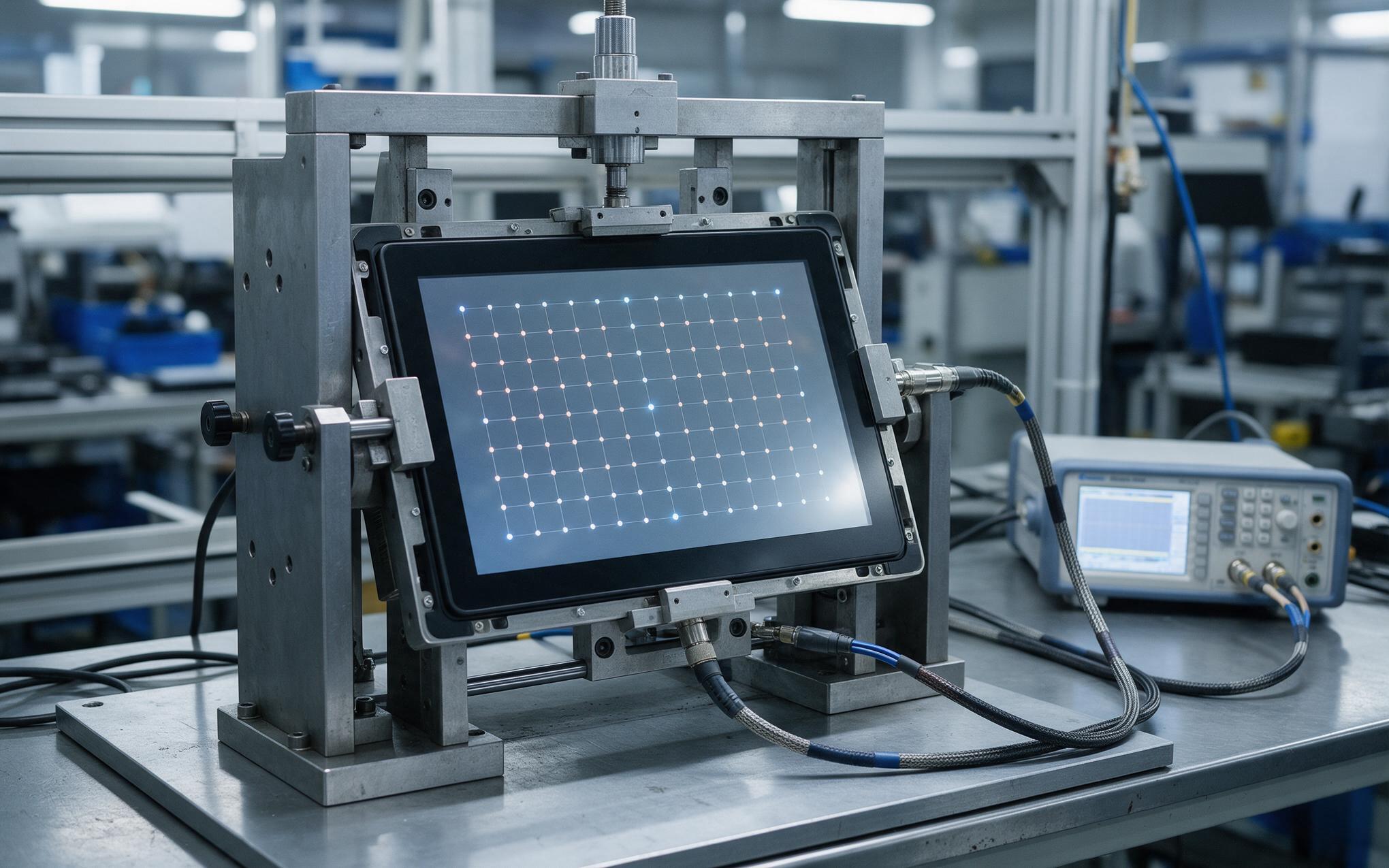 Touch grid mapping during functional screening Industrial touch screen display under functional test with a grid of touch points mapped across the surface